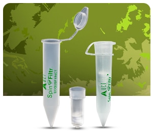 UCT's SpinFiltr Quecher Columns showing three laboratory filtration tubes with green caps against a white background, demonstrating the ultra-filtration dSPE sample preparation system